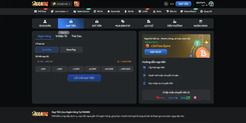 Dịch vụ nạp tiền Man88 hoàn toàn miễn phí