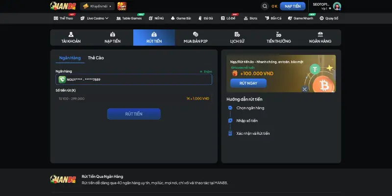 Hệ thống rút tiền trên Man88 an toàn, tiện lợi