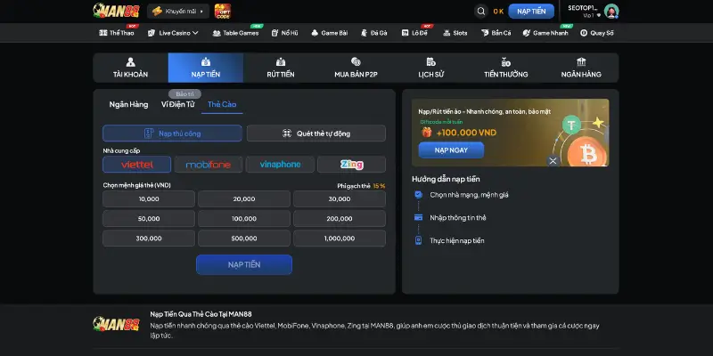Nội dung nên cân nhắc, chú ý khi nạp tiền tại Man88